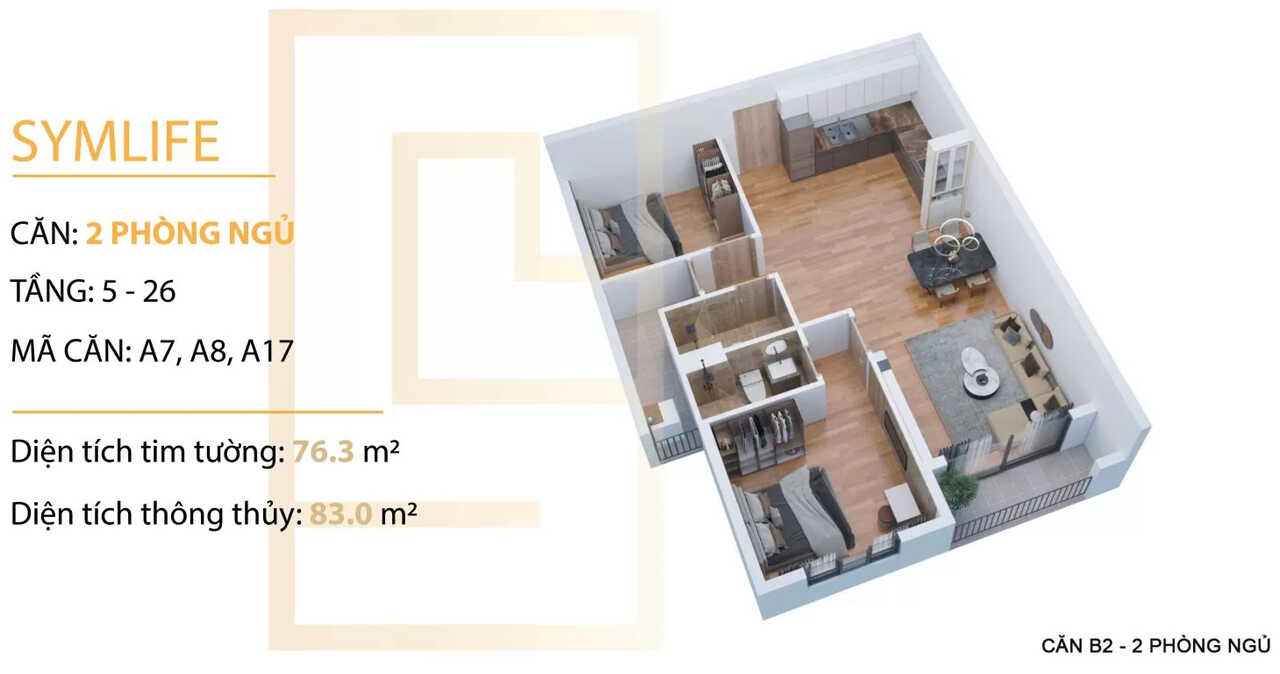 Thiết kế căn hộ 2 phòng ngủ dự án Symlife Thuận An