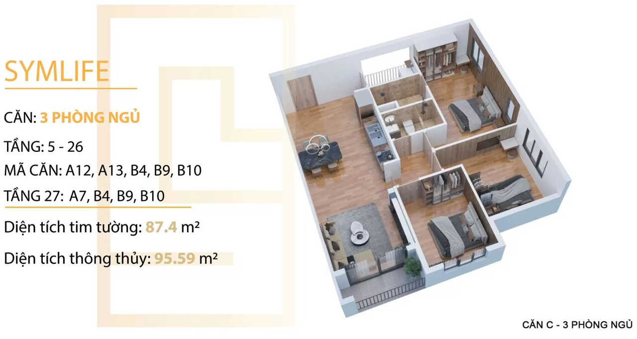 Thiết kế căn hộ 3 phòng ngủ dự án Symlife Thuận An